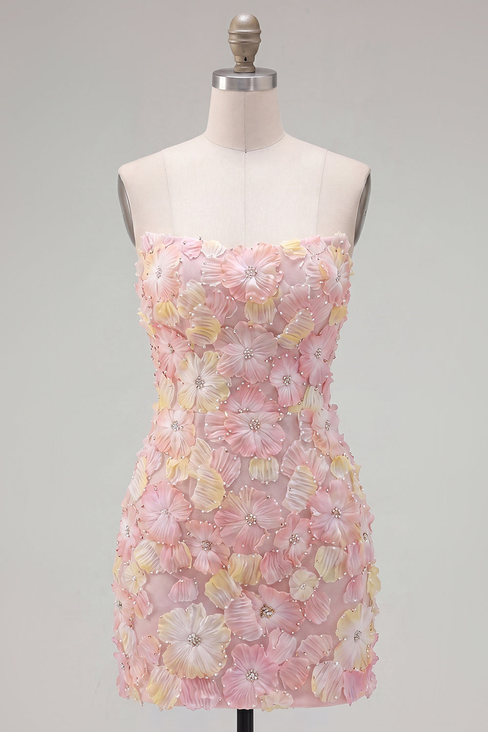 Robe de soirée bustier courte moulante rose à fleurs avec perles
