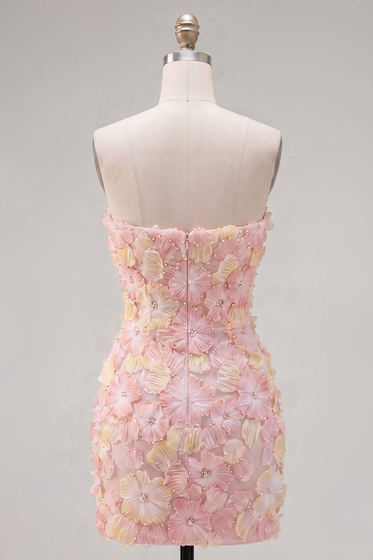 Pink Strapless Floral Short Bodycon Homecoming Dress with Beading