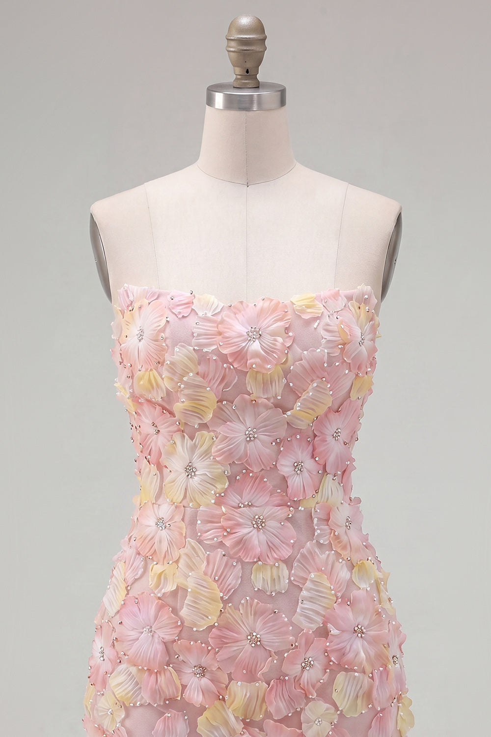 Robe de soirée bustier courte moulante rose à fleurs avec perles
