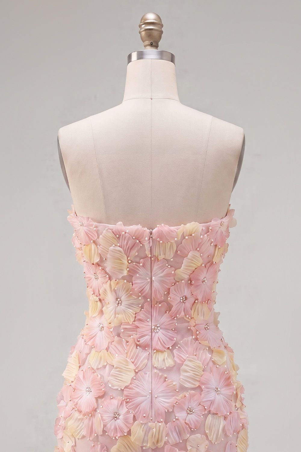 Robe de soirée bustier courte moulante rose à fleurs avec perles