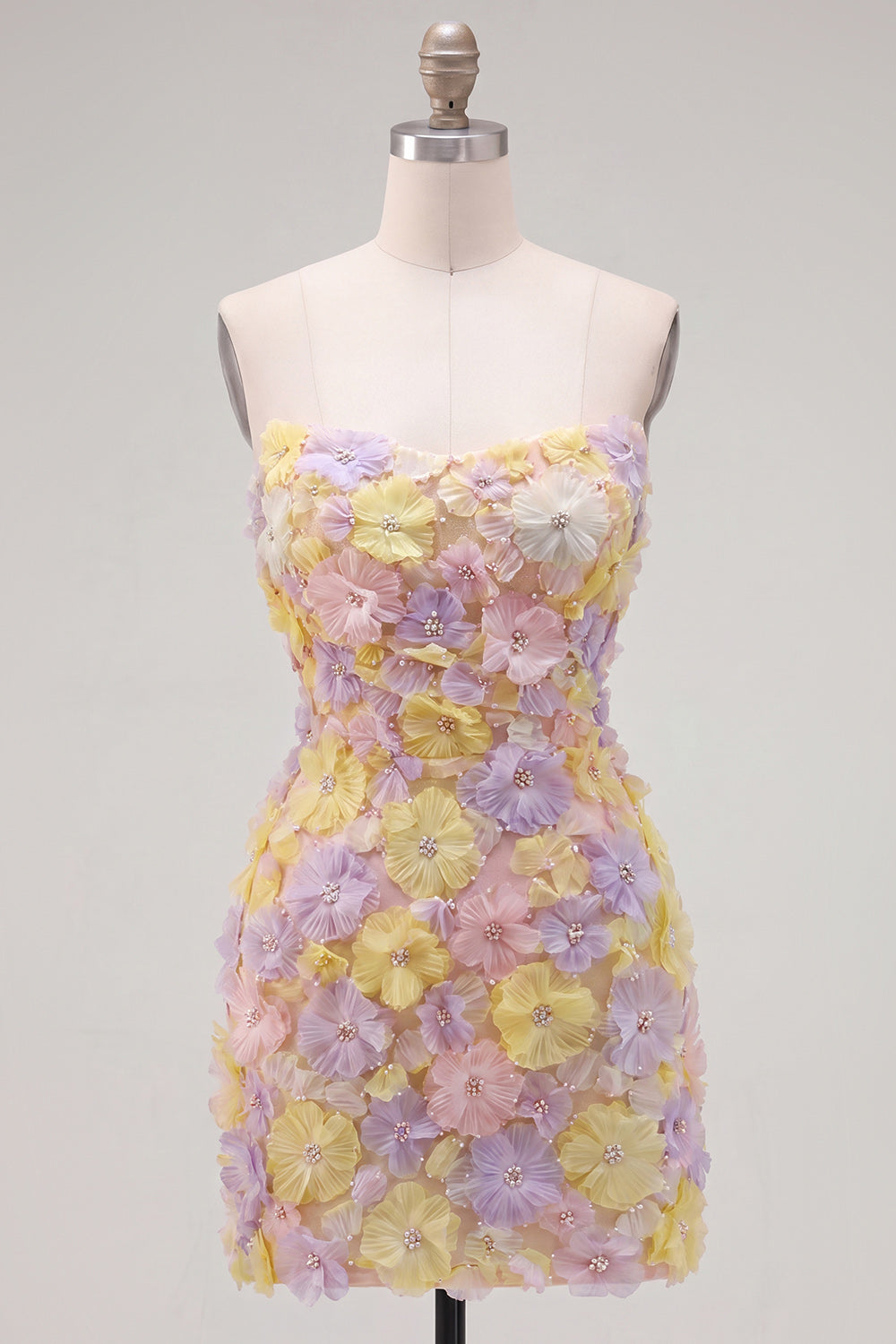 Robe de soirée bustier courte moulante rose à fleurs avec perles