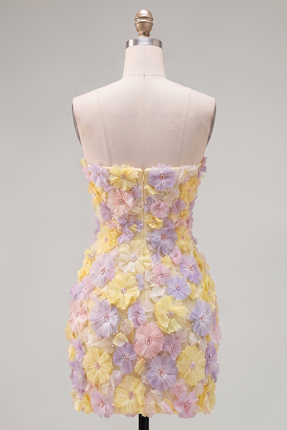 Robe de soirée bustier courte moulante rose à fleurs avec perles