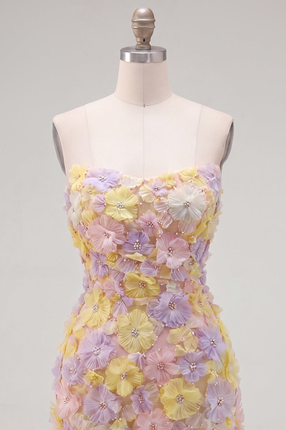 Robe de soirée bustier courte moulante rose à fleurs avec perles