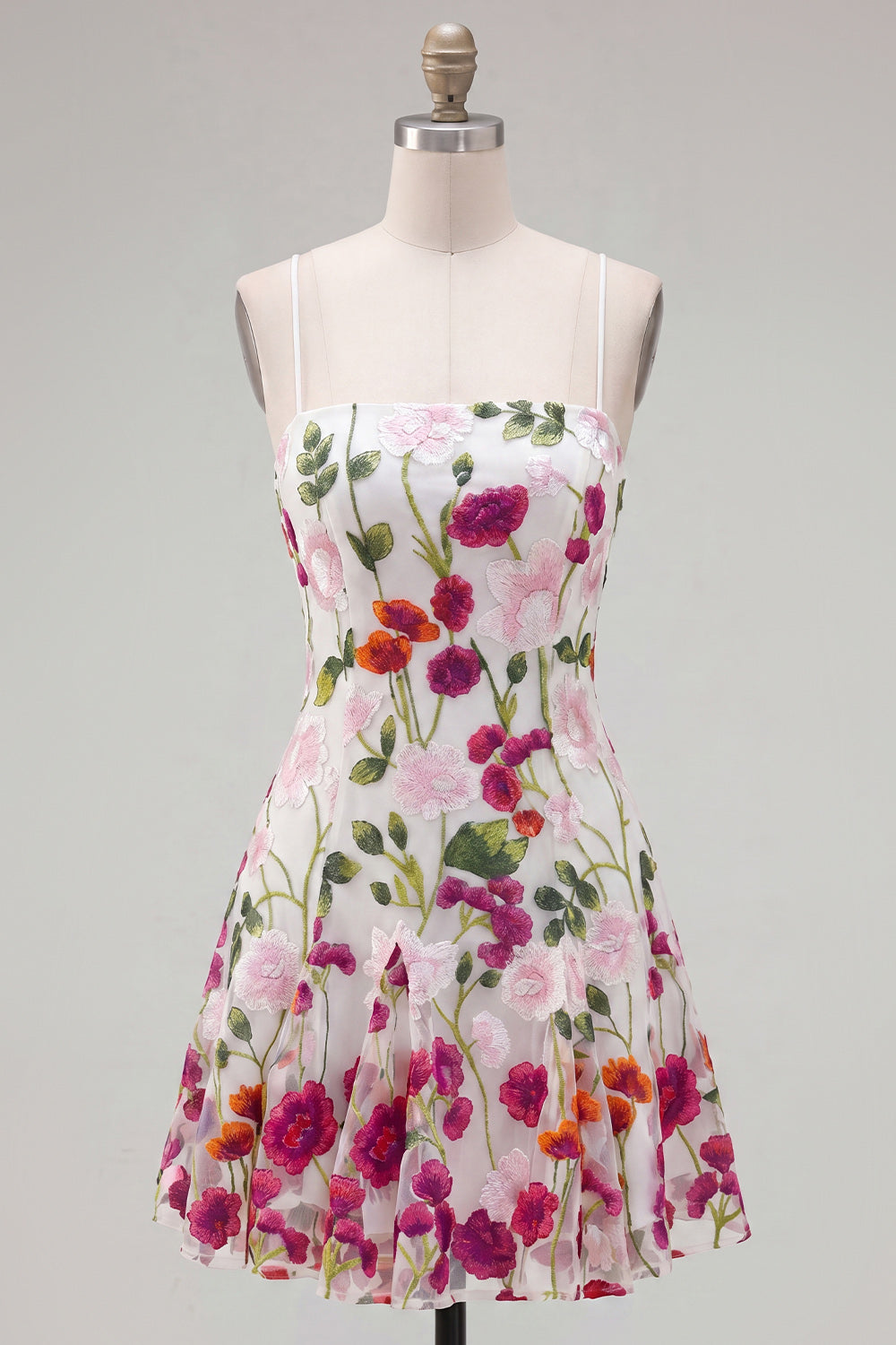 Pink Red Flower A-Line Spaghetti Straps Short Homecoming Dress with Embroidery