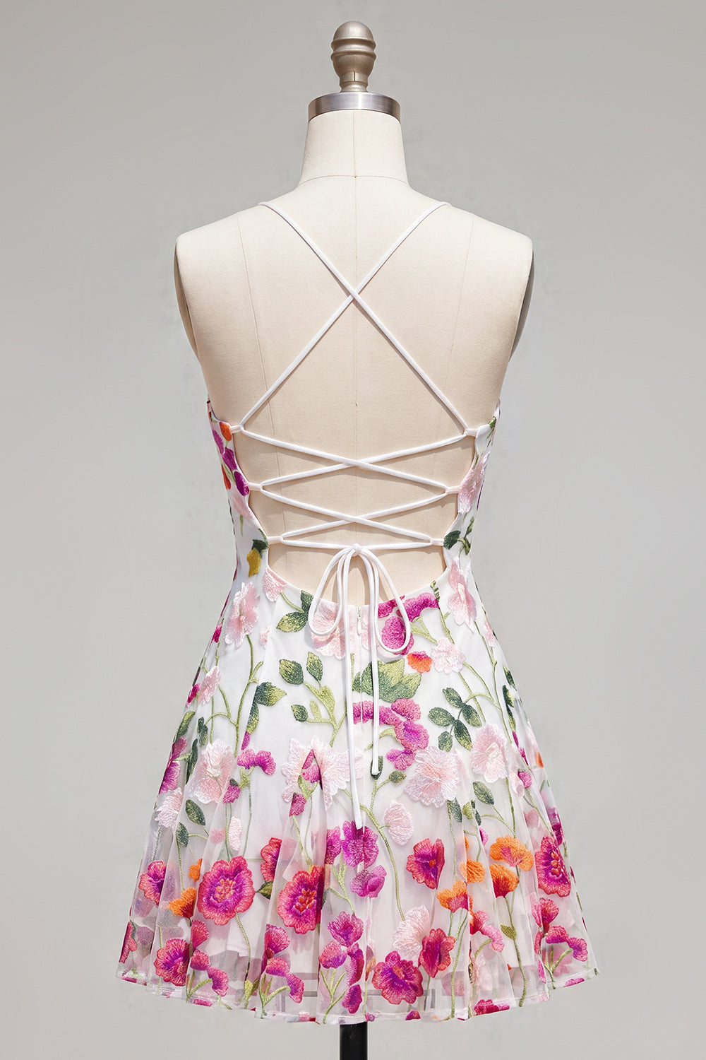 Pink Red Flower A-Line Spaghetti Straps Short Homecoming Dress with Embroidery