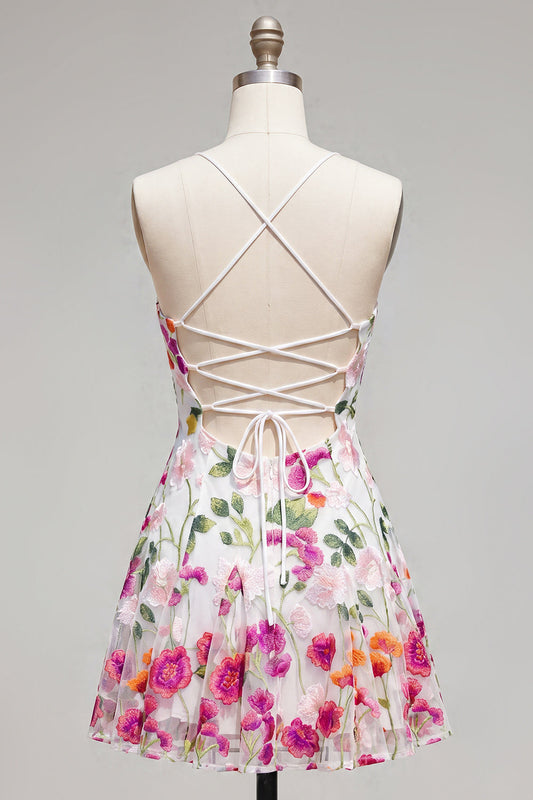 Pink Red Flower A-Line Spaghetti Straps Short Homecoming Dress with Embroidery