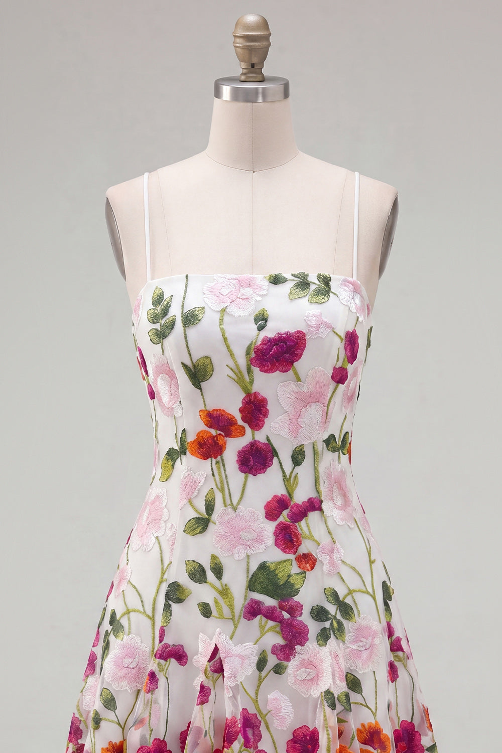 Pink Red Flower A-Line Spaghetti Straps Short Homecoming Dress with Embroidery