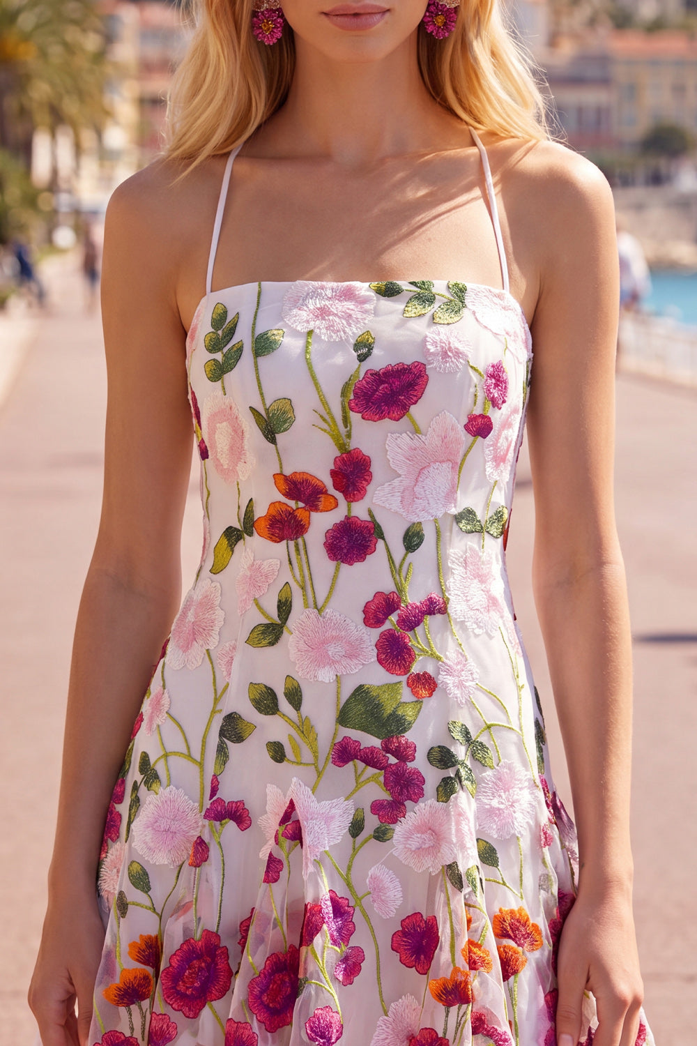 Pink Red Flower A-Line Spaghetti Straps Short Homecoming Dress with Embroidery