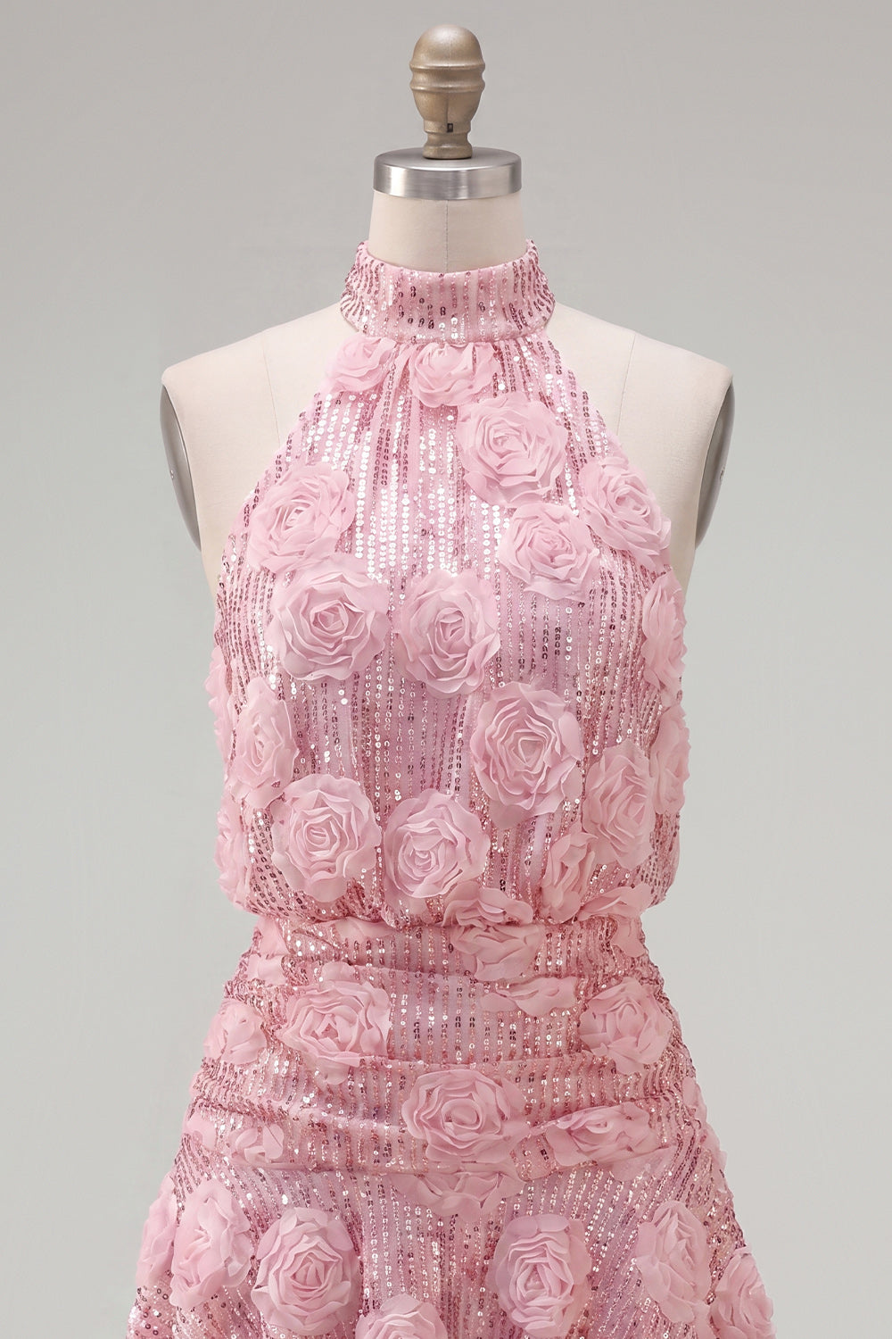 Pink A-Line Halter Neck Sequins Short Homecoming Dress with 3D Flowers