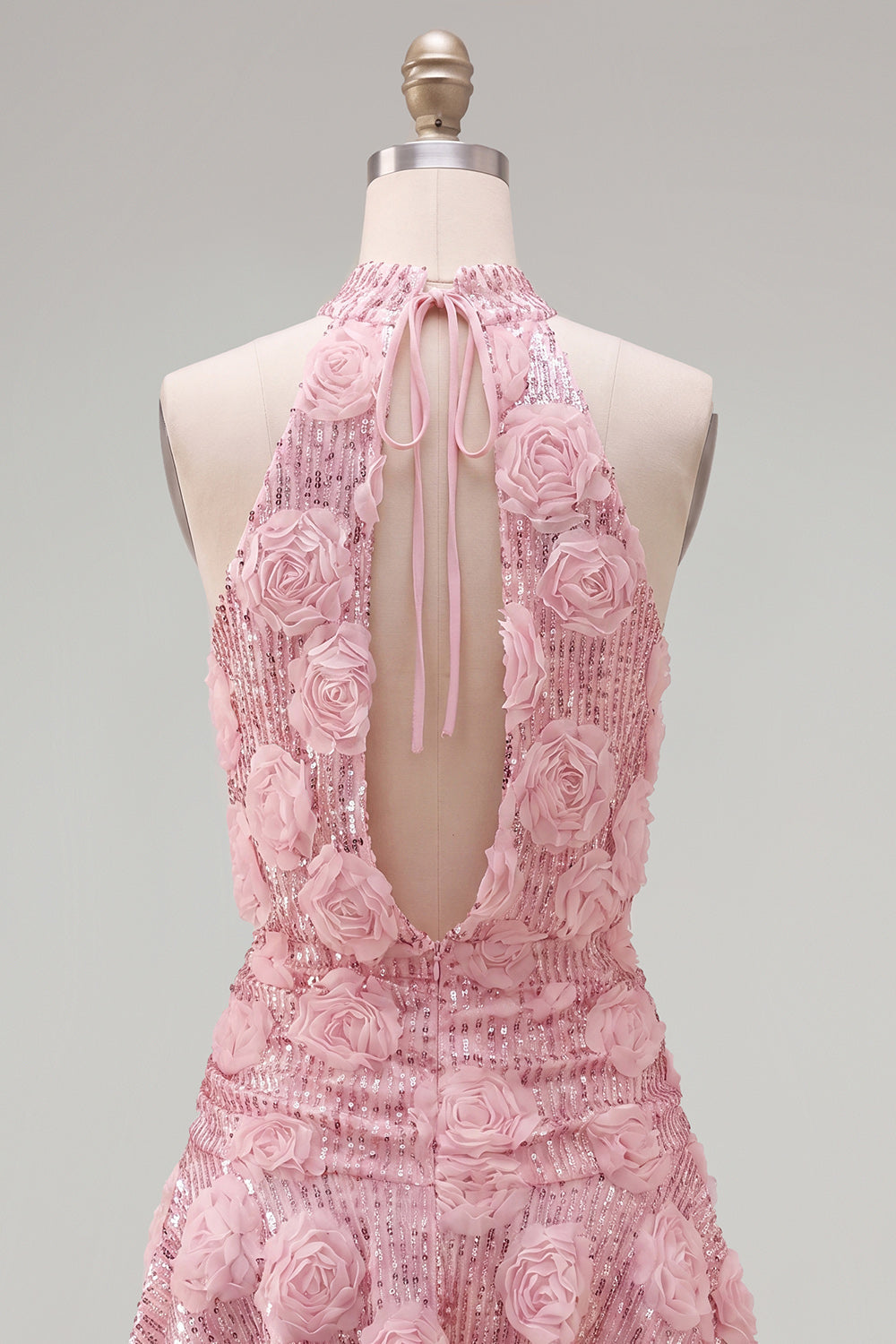 Pink A-Line Halter Neck Sequins Short Homecoming Dress with 3D Flowers