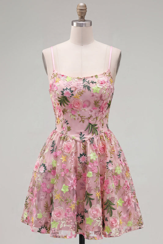 Pink A-Line Spaghetti Straps Lace Up Back Floral Homecoming Dress with Embroidery