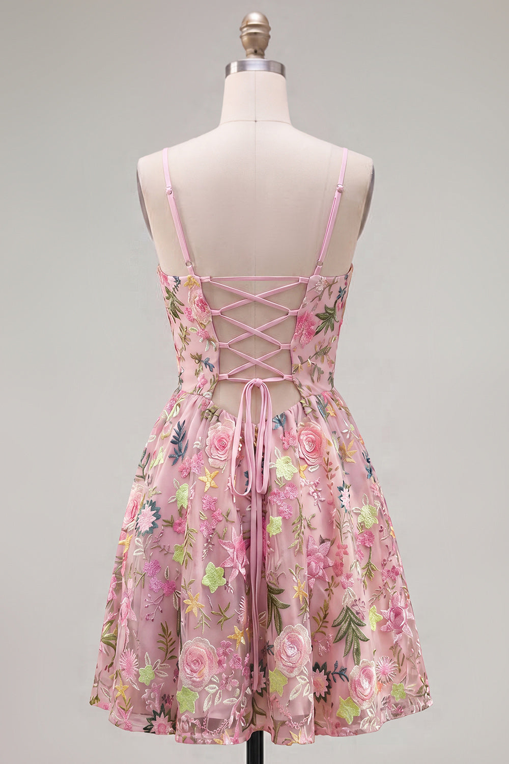 Pink A-Line Spaghetti Straps Lace Up Back Floral Homecoming Dress with Embroidery