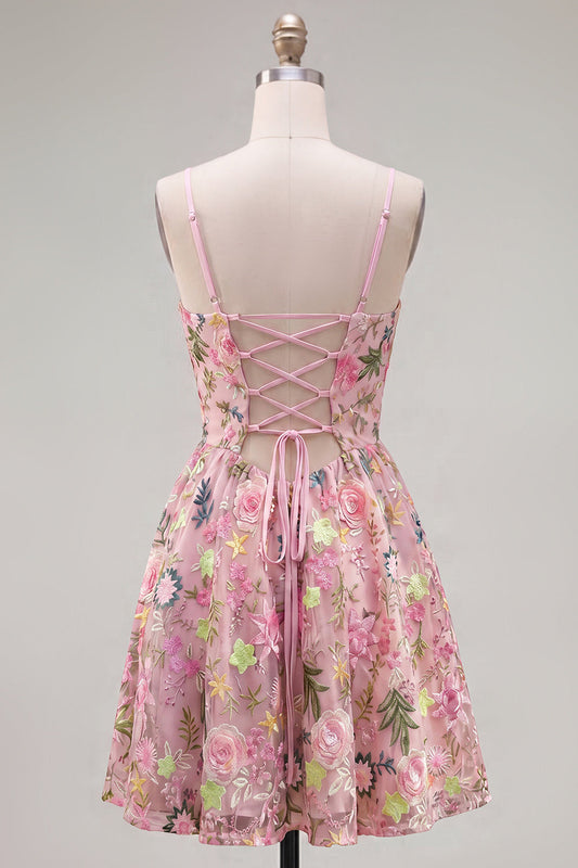 Pink A-Line Spaghetti Straps Lace Up Back Floral Homecoming Dress with Embroidery