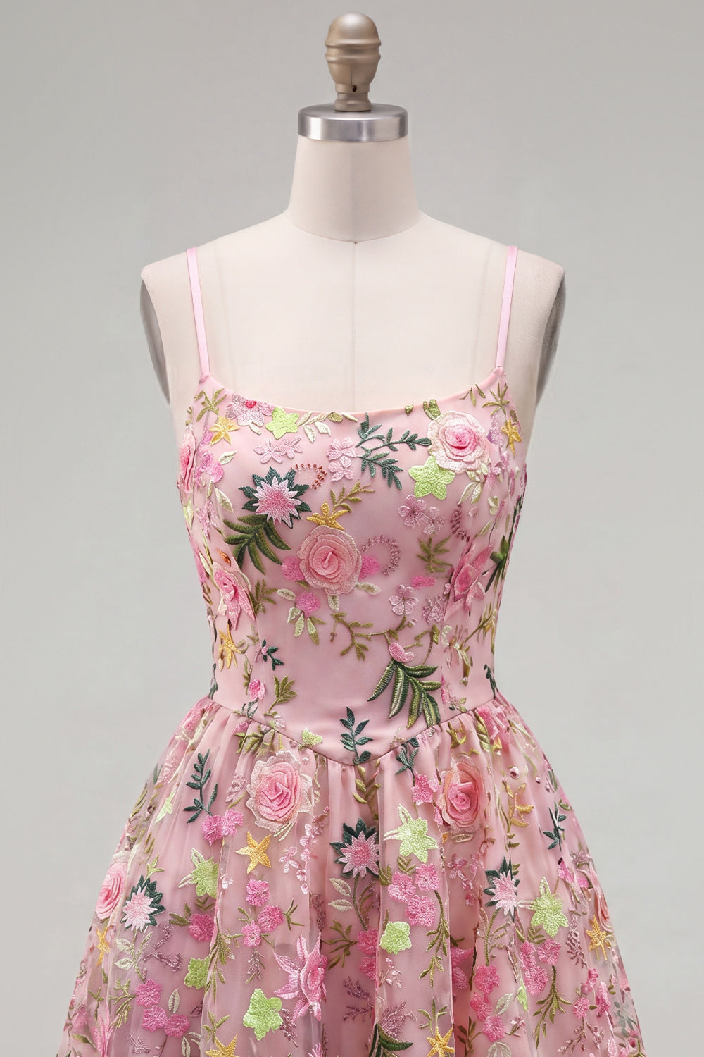 Pink A-Line Spaghetti Straps Lace Up Back Floral Homecoming Dress with Embroidery