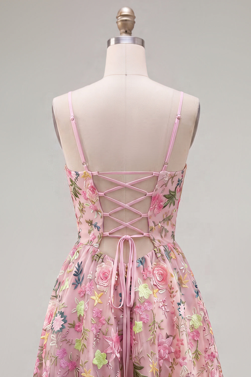 Pink A-Line Spaghetti Straps Lace Up Back Floral Homecoming Dress with Embroidery