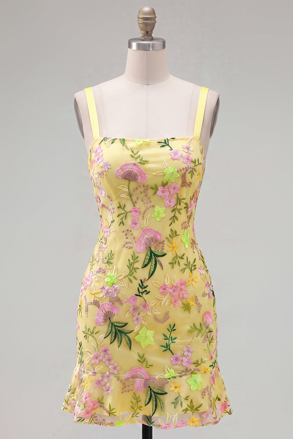 Robe de soirée moulante jaune à broderies florales, volants et laçage au dos