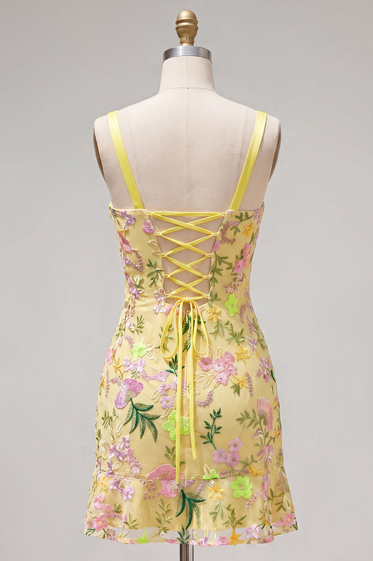 Yellow Bodycon Floral Embroidered Ruffled Homecoming Dress with Lace Up Back