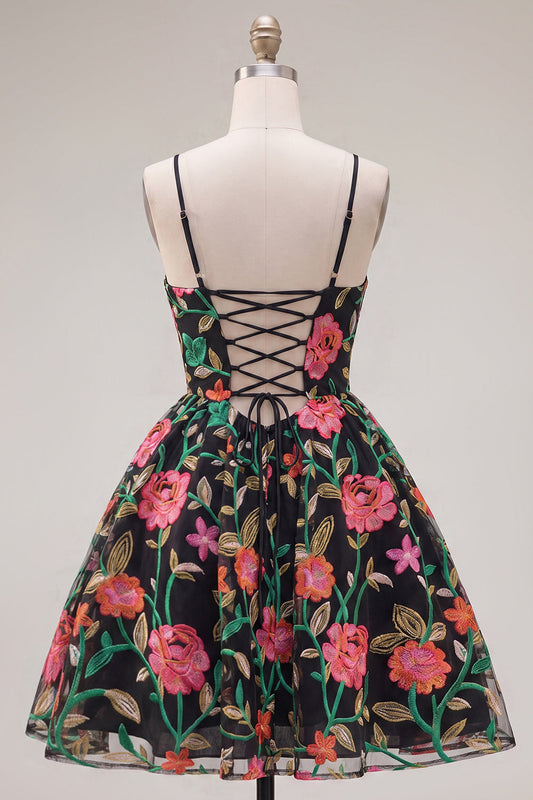 A-Line Black Red Flower Embroidered Homecoming Dress with Lace Up Back