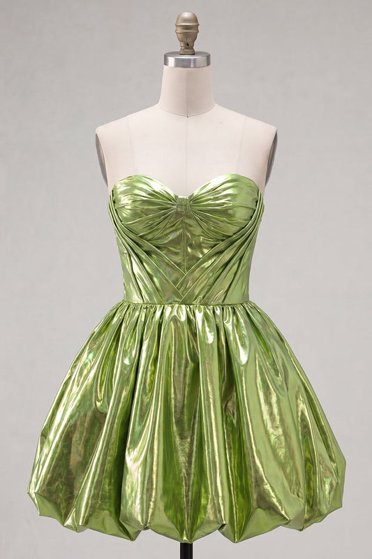 Robe de bal de rentrée trapèze plissée avec corset, couleur vert métallisé