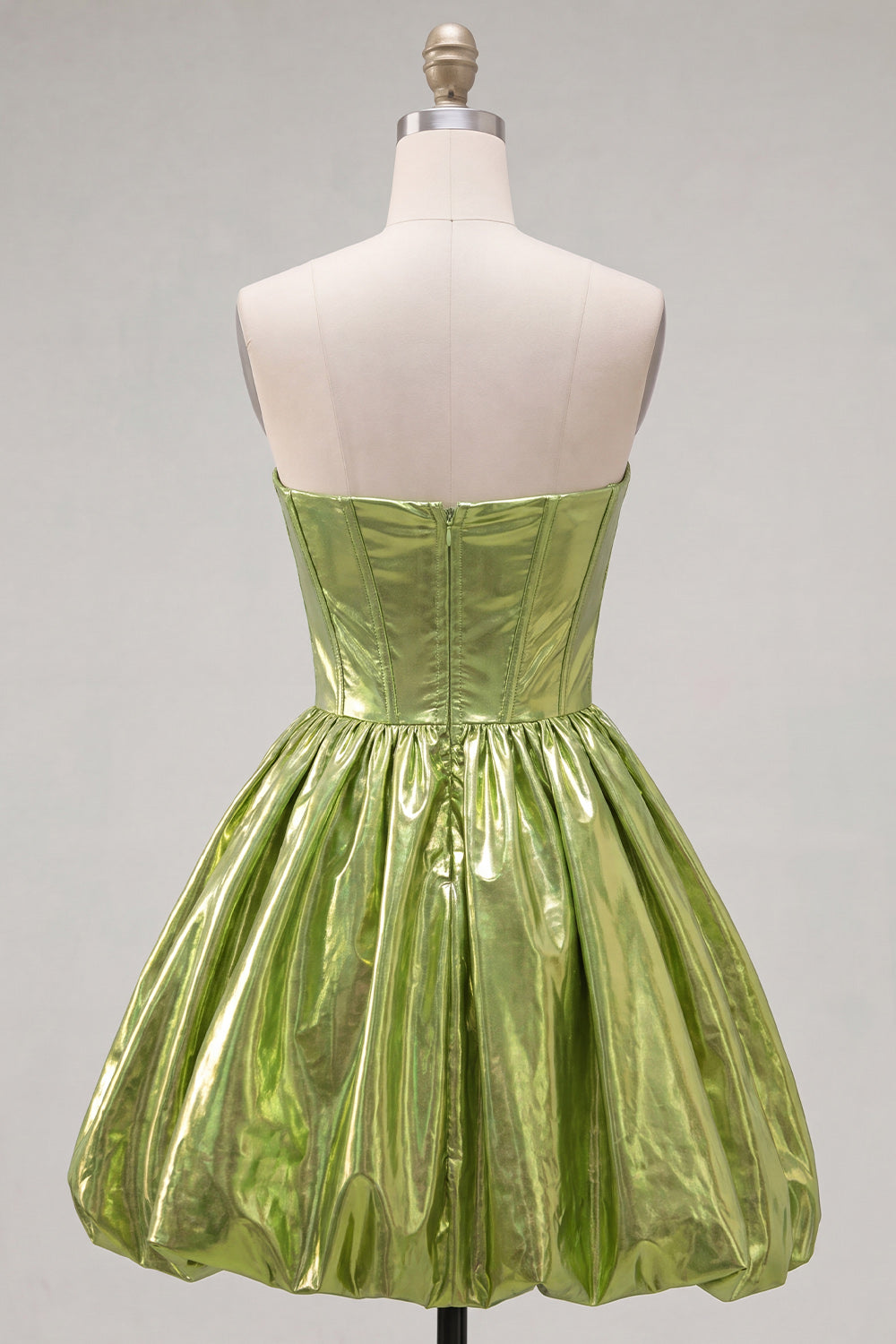 Robe de bal de rentrée trapèze plissée avec corset, couleur vert métallisé