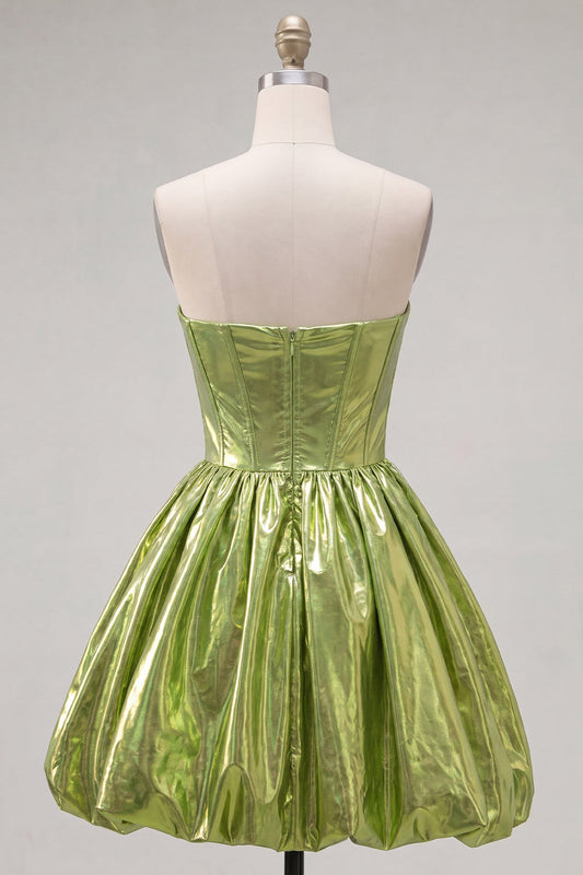 Robe de bal de rentrée trapèze plissée avec corset, couleur vert métallisé