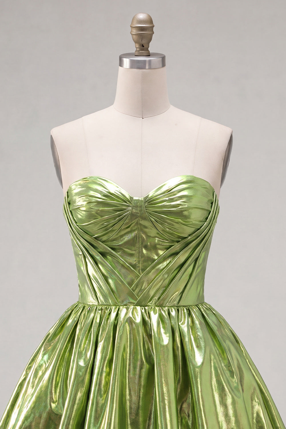 Robe de bal de rentrée trapèze plissée avec corset, couleur vert métallisé