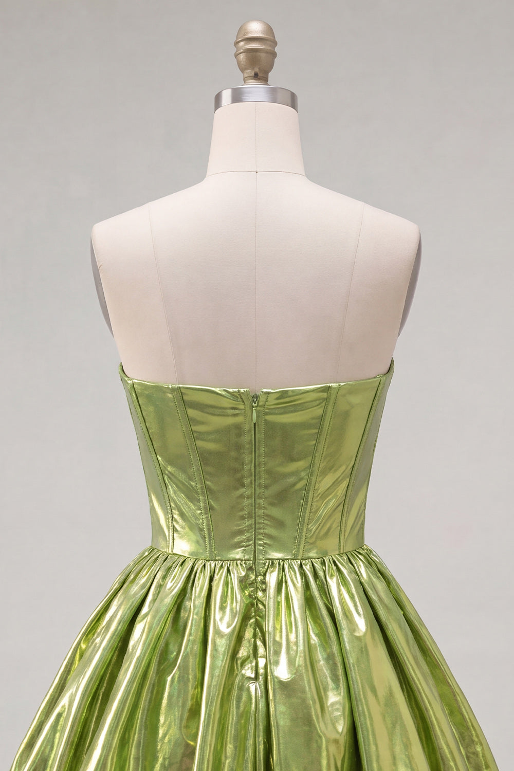 Robe de bal de rentrée trapèze plissée avec corset, couleur vert métallisé