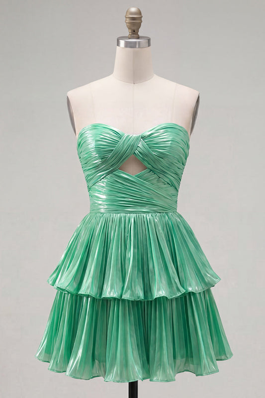 Robe de bal plissée froncée découpée trapèze cœur étagée vert métallique