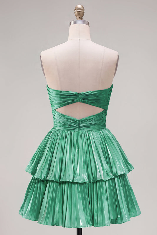 Robe de bal plissée froncée découpée trapèze cœur étagée vert métallique