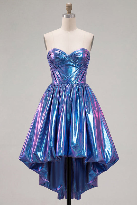 Royal Blue Metallic A-Line Sweetheart Ruched Corset Asymmetrical Homecoming Dress