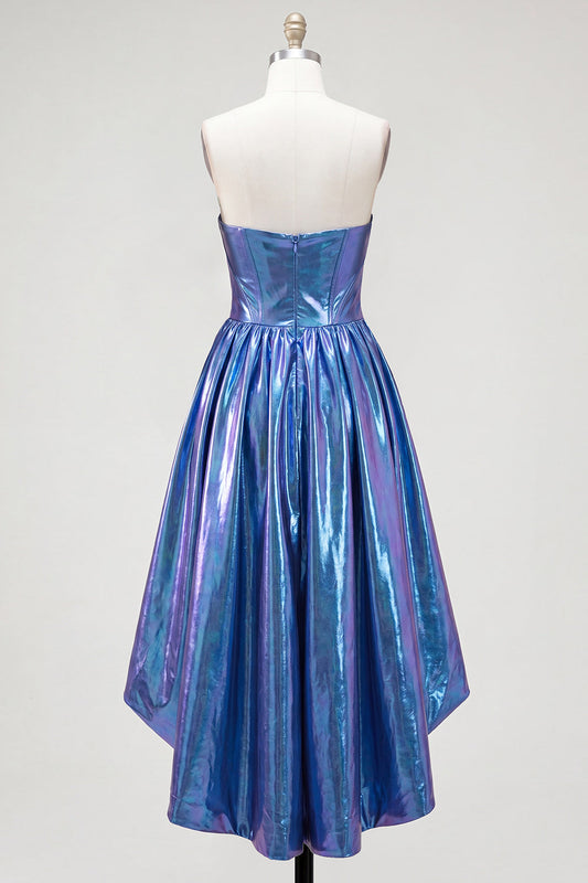 Royal Blue Metallic A-Line Sweetheart Ruched Corset Asymmetrical Homecoming Dress