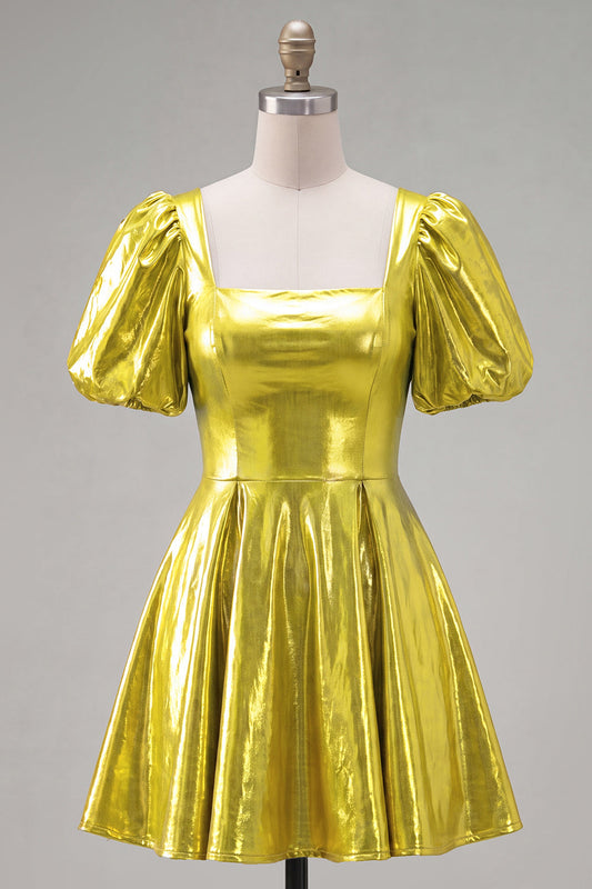 Yellow Metallic A-Line Square Neck Homecoming Dress with Puff Sleeves