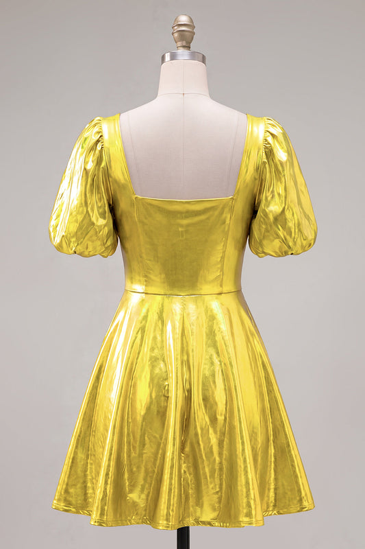 Yellow Metallic A-Line Square Neck Homecoming Dress with Puff Sleeves