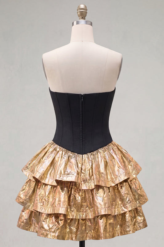 A-Line Black Golden Tiered Sweetheart Corset Homecoming Dress with Bow