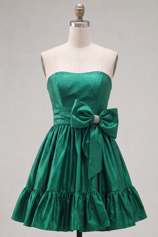 Robe de bal bustier coupe trapèze vert foncé à volants avec nœud