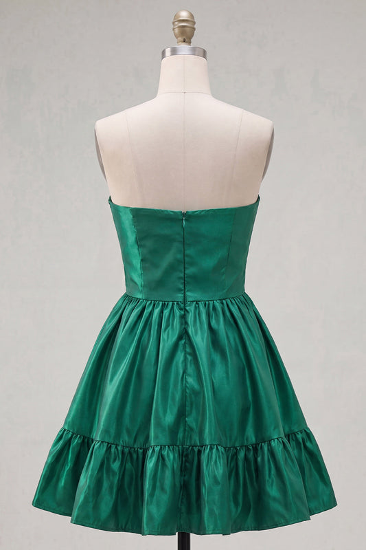 Robe de bal bustier coupe trapèze vert foncé à volants avec nœud