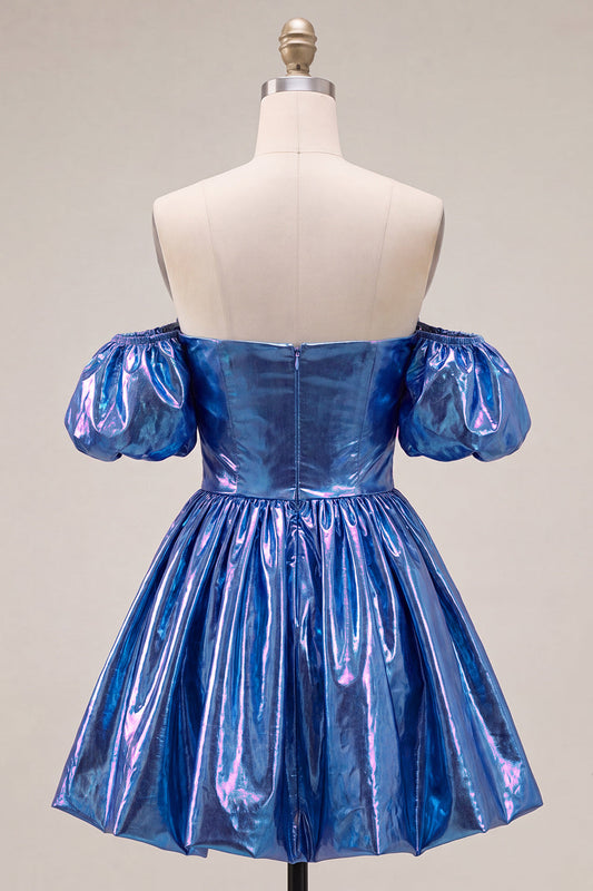 Off the Shoulder Blue A-Line Metallic Homecoming Dress with Puff Sleeves
