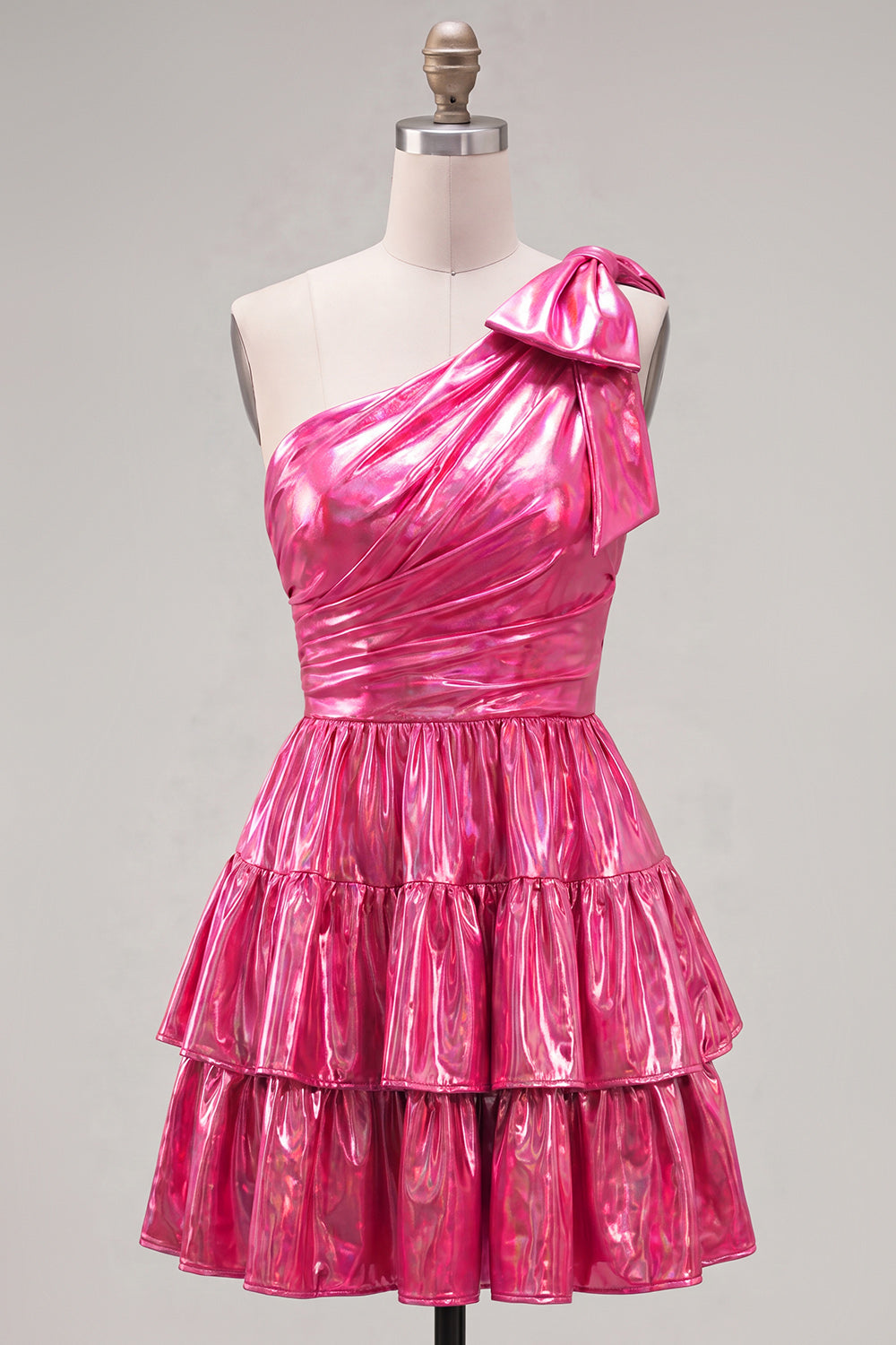 One Shoulder Fuchsia A-Line Metallic Tiered Ruched Homecoming Dress with Bow