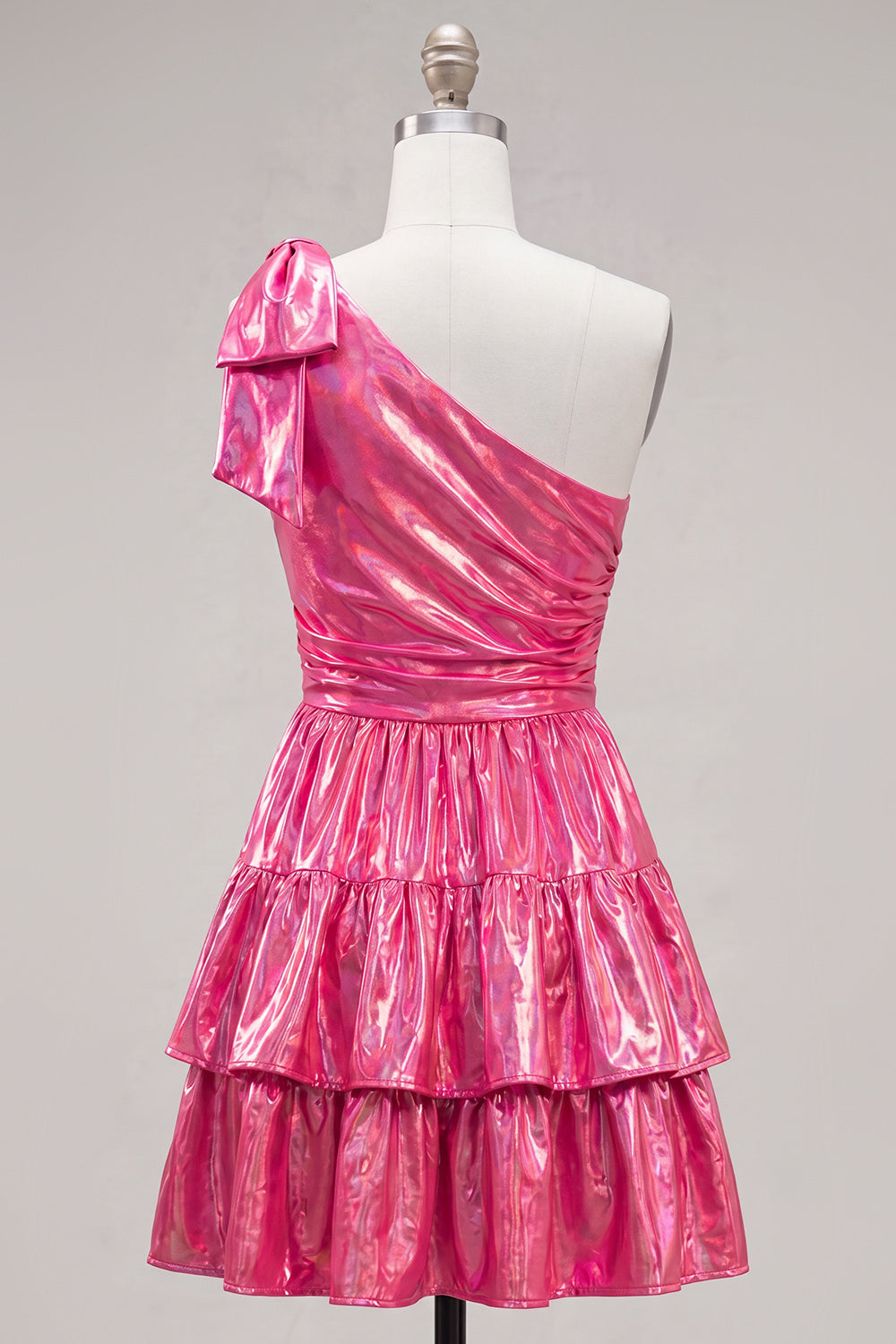 One Shoulder Fuchsia A-Line Metallic Tiered Ruched Homecoming Dress with Bow