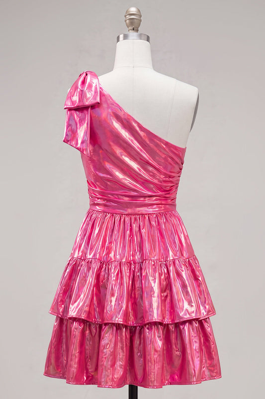 One Shoulder Fuchsia A-Line Metallic Tiered Ruched Homecoming Dress with Bow