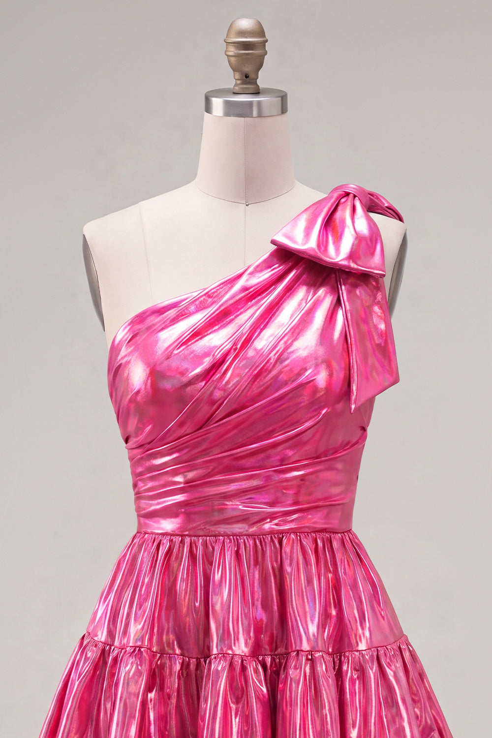 One Shoulder Fuchsia A-Line Metallic Tiered Ruched Homecoming Dress with Bow