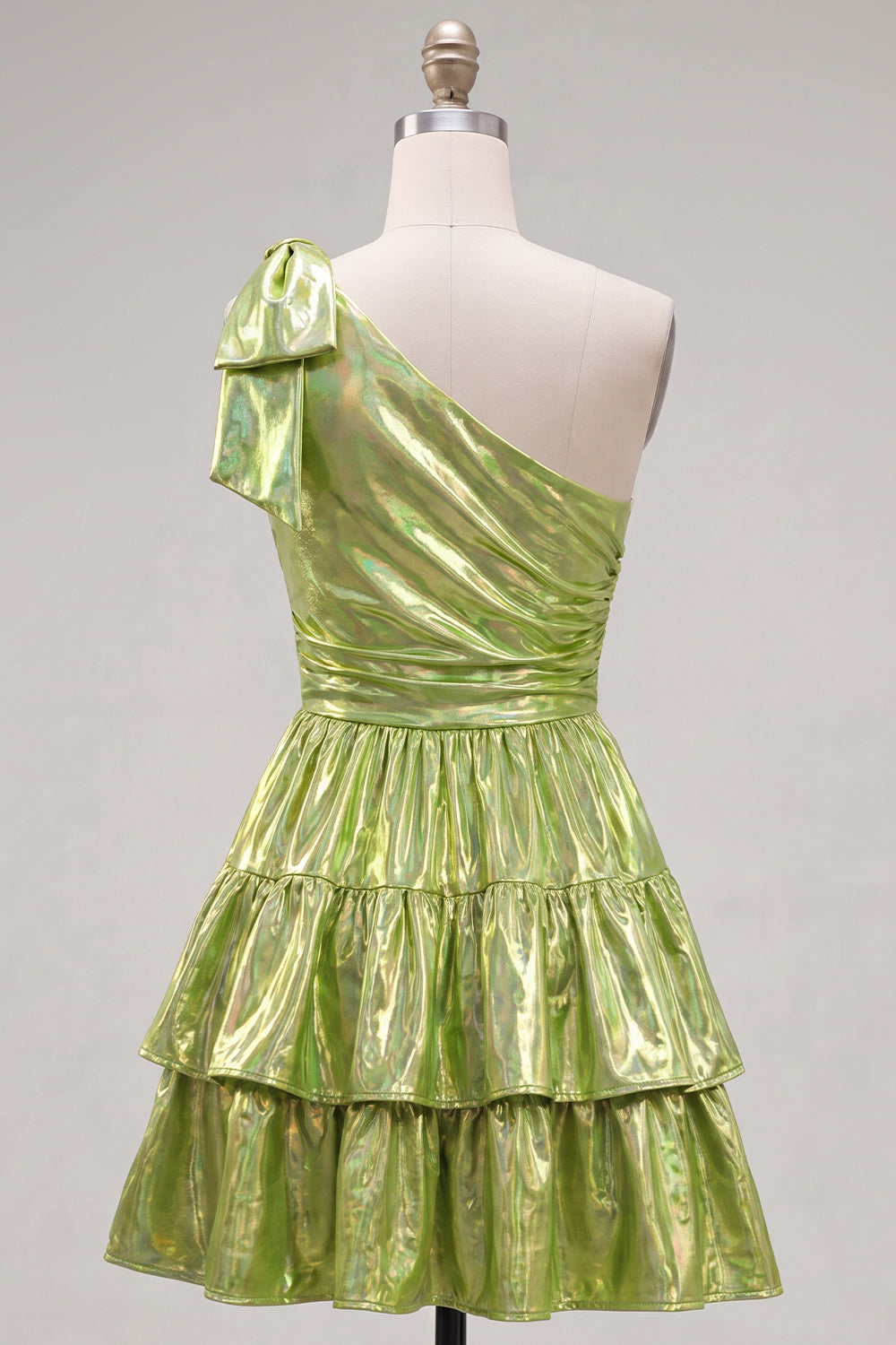 One Shoulder Fuchsia A-Line Metallic Tiered Ruched Homecoming Dress with Bow