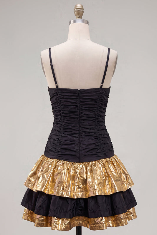 Black Golden A-Line Tiered Spaghetti Straps Homecoming Dress with Bow