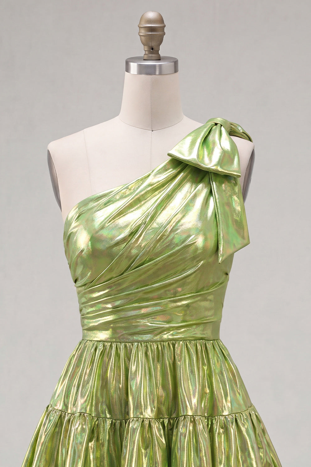 One Shoulder Fuchsia A-Line Metallic Tiered Ruched Homecoming Dress with Bow