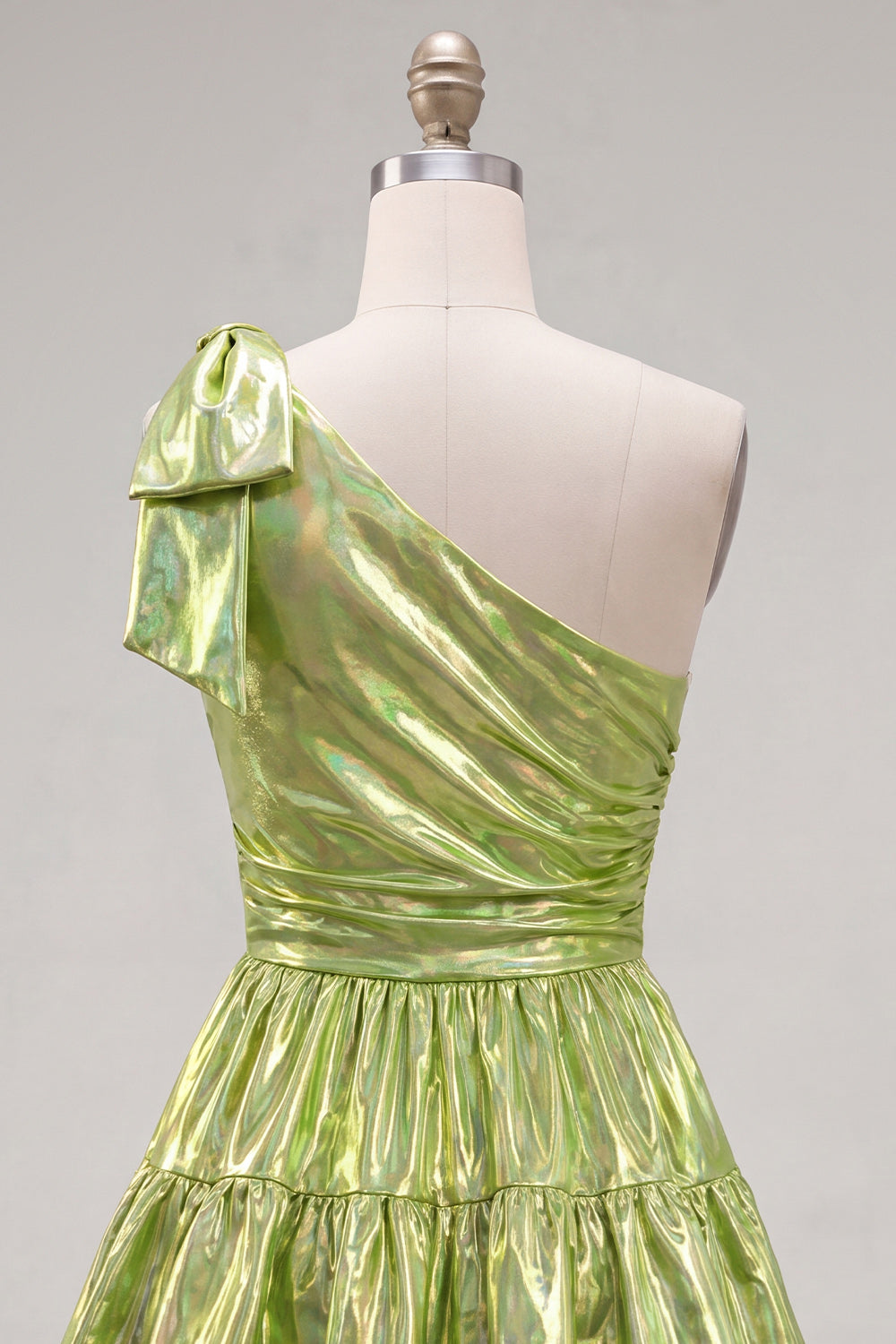 One Shoulder Fuchsia A-Line Metallic Tiered Ruched Homecoming Dress with Bow