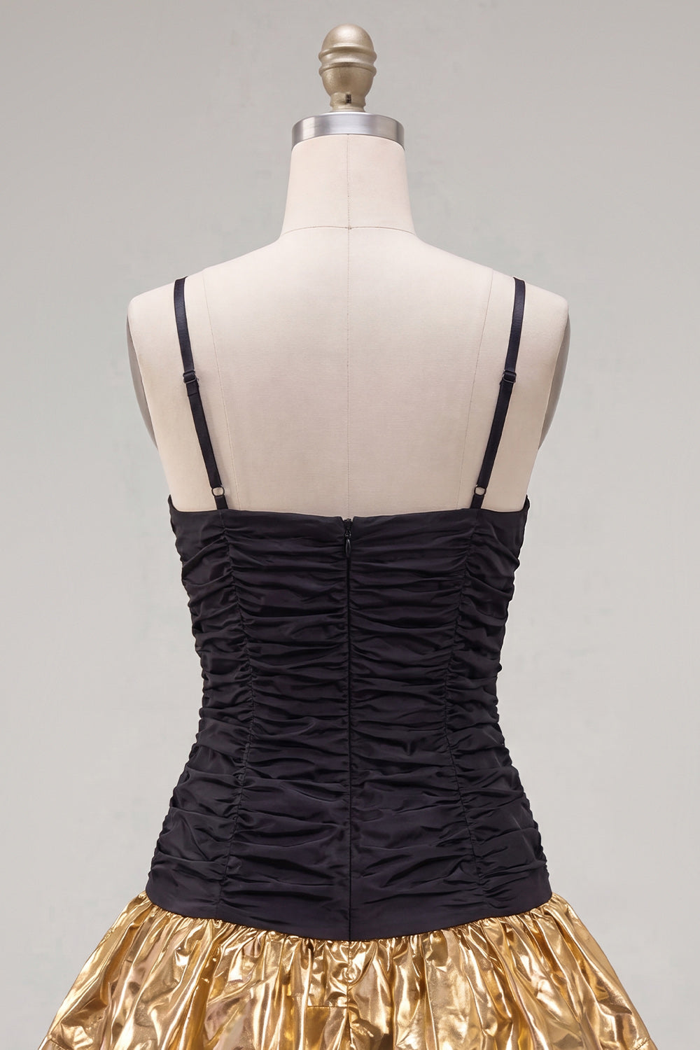 Black Golden A-Line Tiered Spaghetti Straps Homecoming Dress with Bow