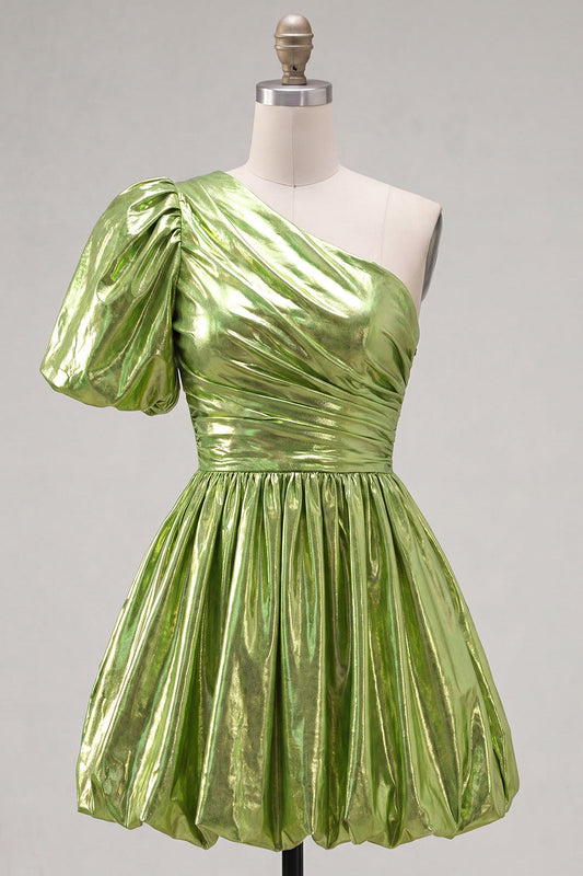 Robe de bal métallisée drapée asymétrique verte coupe trapèze