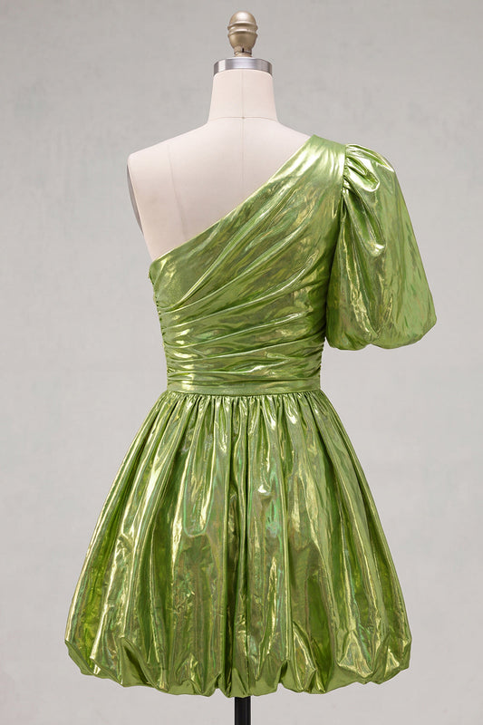 Robe de bal métallisée drapée asymétrique verte coupe trapèze