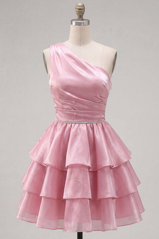 Pink A-Line One-Shoulder Tiered Ruched Chiffon Homecoming Dress with Beading