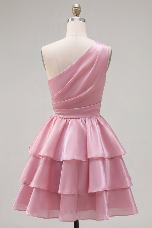Pink A-Line One-Shoulder Tiered Ruched Chiffon Homecoming Dress with Beading